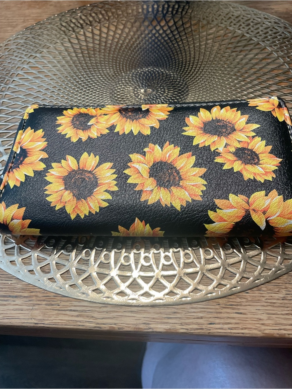 Sunflower Print Wallet Clutch - Black & Yellow Floral